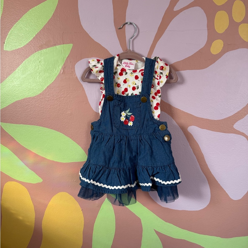 Blue Denim Overall Dress with Cherry Print